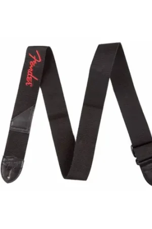 099-0662-015 Poly Guitar Strap with Leather Ends, Black w/ Red Logo : Fender Latest