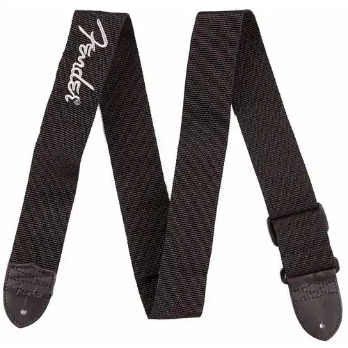 Fresh Stock 099-0662-043 Poly Guitar Strap with Leather Ends, Black w/ Grey: FenderLogo