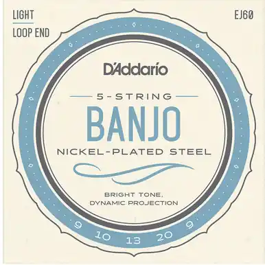 Certified D'Addario EJ60 Nickel Plated Steel Light 5-String Banjo Strings - .009-.020