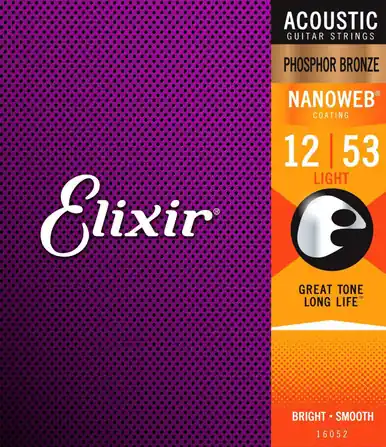 Elixir Nanoweb Acoustic Guitar Strings - Phosphor Bronze Light 12-53 Free Delivery