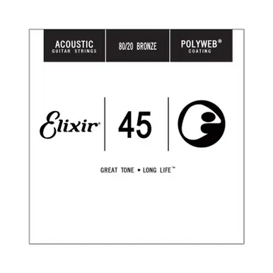 Same Day Shipping Elixir Polyweb 80/20 Bronze Single Acoustic Guitar String - .045
