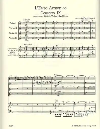 Viral Vivaldi, A.: Concerto #9 in F - L'estro armonico (4 violins & piano) Barenreiter
