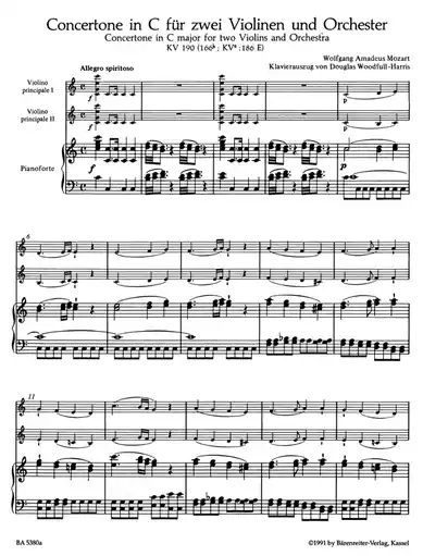 Bulk Order Mozart, W.A.: Concertone in c (2 Violins & Piano) Barenreiter