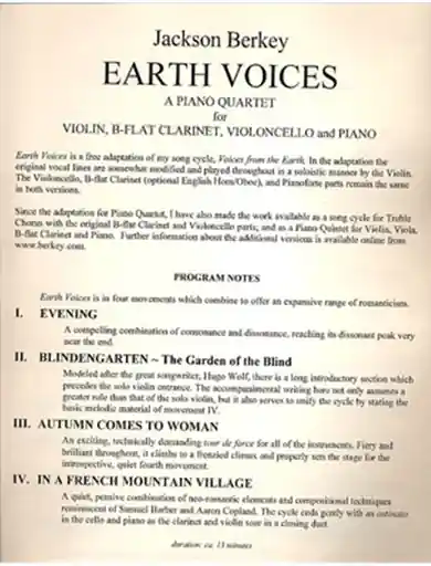 Berkey: Earth Voices (violin, clarinet, cello, & piano) Masters Music Top Pick