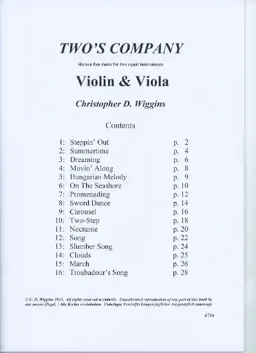 Wiggins, Christopher: Two's Company-Sixteen Little Duets for two equal instruments (violin & viola) Cheap