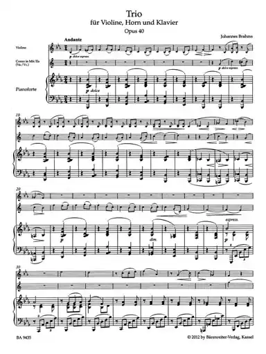 Brahms (Hogwood): Trio in Eb Major for Violin, Horn, & Piano, Op.40 - URTEXT (violin, horn/viola/cello, & piano)Barenreiter Exclusive Offer