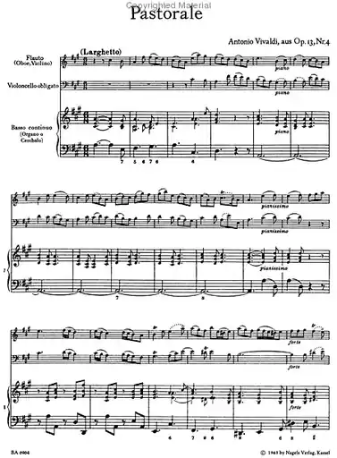 Vivaldi, A.: Pastorale "Il pastor fido" (violin or flute, Cello, Piano) Barenreiter Buy Online