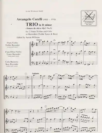 Reduced Price Corelli, A: Trio (2 Violins & Cello) score & parts