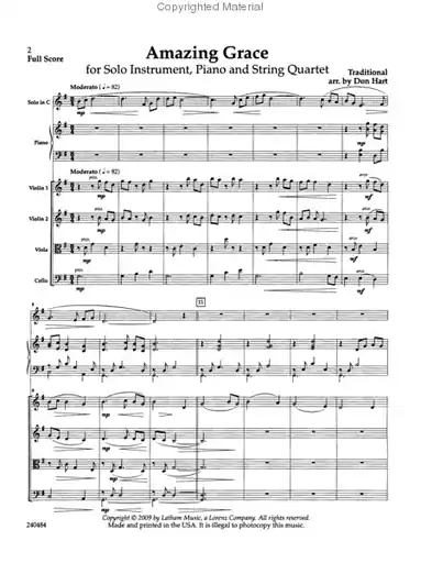 Hart, Don: Amazing Grace for Solo Violin, Piano and String Quartet Money Back Guarantee
