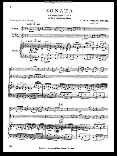 Handel, G.F.: Sonata in F Major Op. 2, No.3 (two violins, and piano) Trusted Brand