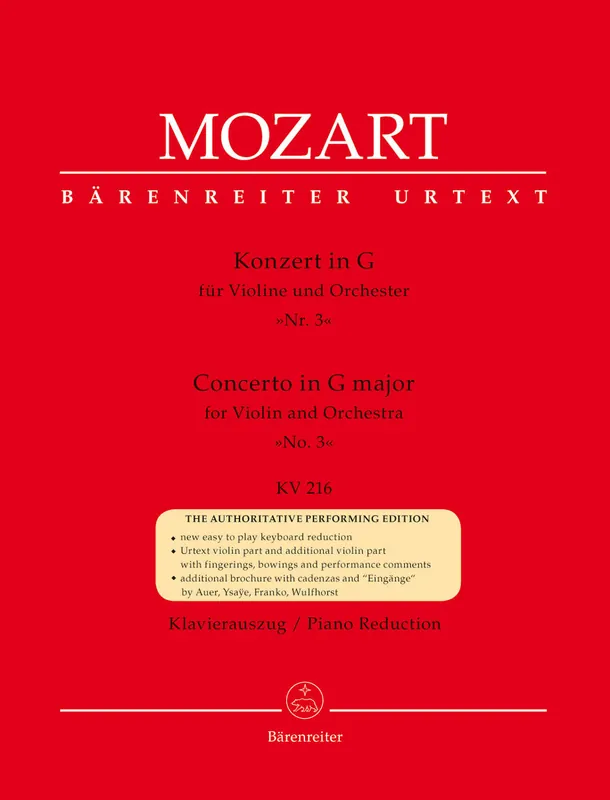 Exclusive Mozart, W.A. (Wulfhorst): Concerto No. 3 in G Major, KV 216 (violin & piano) Barenreiter Urtext