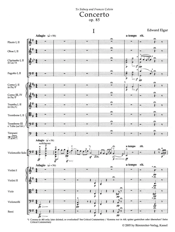 Elgar, Edward (Del Mar): Cello Concerto in E Minor Op.85 (study score) Barenreiter Urtext Place Order