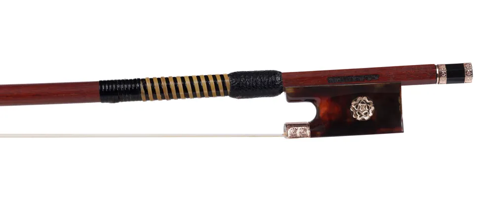 Popular A.R. BULTITUDE violin bow, tortoise shell, chased rose-gold mountings, gold Tudor Rose gold inlays, round stick 61.9 g | Metzler Violins